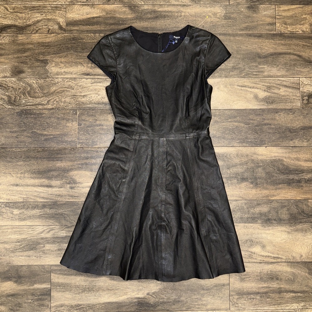 Madewell Dress Genuine Leather Paneled Fit-and-Flare Women's Size 0 Black Zip